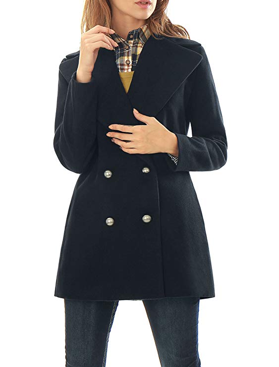 Allegra K Women Turn Down Collar Double Breasted Worsted Coat - PeaCoat.org