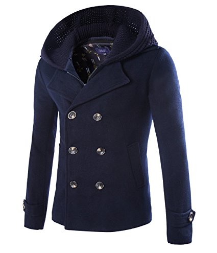 Mens Stylish Fashion Classic Wool Double Breasted Pea Coat with Removable Hood