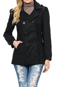 Womens Double Breasted Wool Blend Hooded Pea Coat