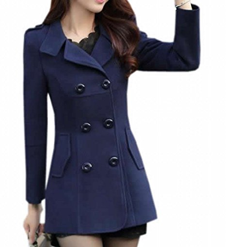 KXP Womens Casual Slim Double Breasted Lapel Solid Peacoats
