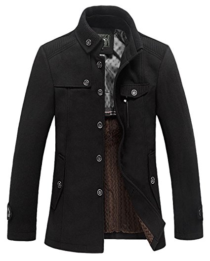 Chouyatou Men's Stand Collar Wool Blend Single Breasted Pea Coat with Fleece Lined