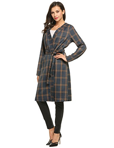 Zeagoo Women Fashion Collarless Long Sleeve Plaid Belted Long Coat Outwear