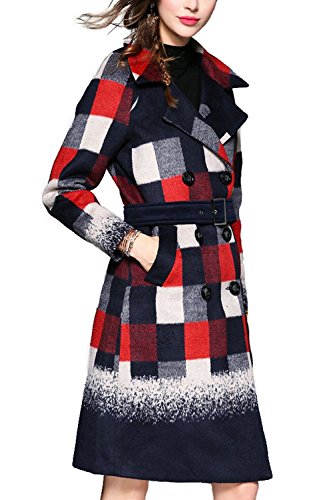 Tuliplazza Women Double Breasted Plaids Military Wool Trench Coat Jacket Outwear