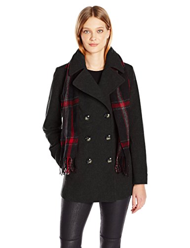 London Fog Women's Plus Size Double Breasted Peacoat with Scarf