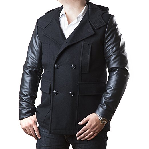Sean John Men's Double Breasted Peacoat with Faux-Leather Sleeves and Hood