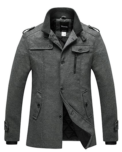 Wantdo Men's Winter Wool Blend Pea Coats Single Breasted Thicken Warm Jacket