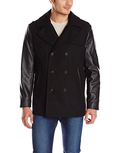 Elie Tahari Men's Wool Fashion Peacoat with Faux-Leather Sleeves
