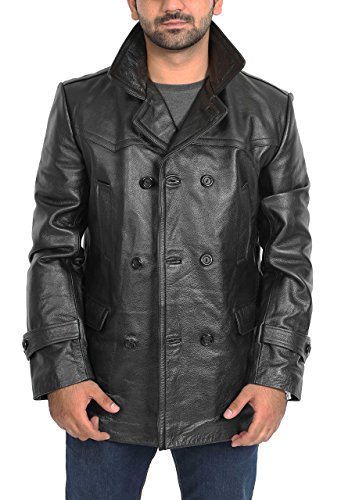 Mens Real Leather Double Breasted Reefer Peacoat Gents Jacket Salcombe Black