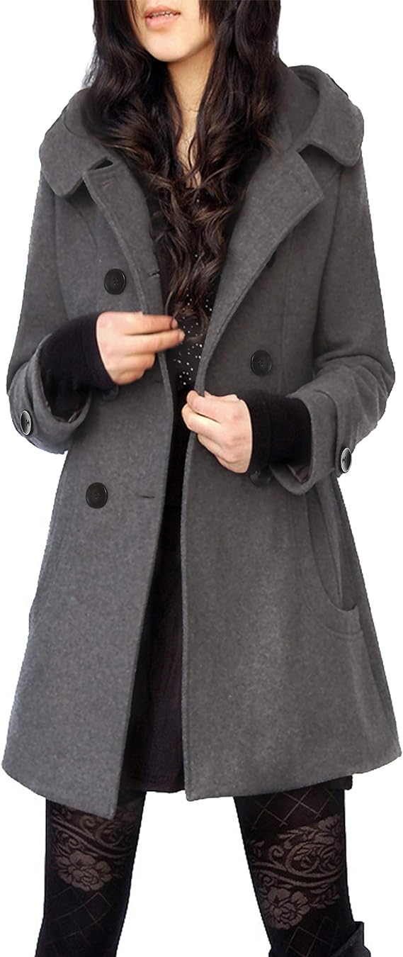 Tanming Women's Warm Double Breasted Wool Pea Coat Trench Coat Jacket with Hood