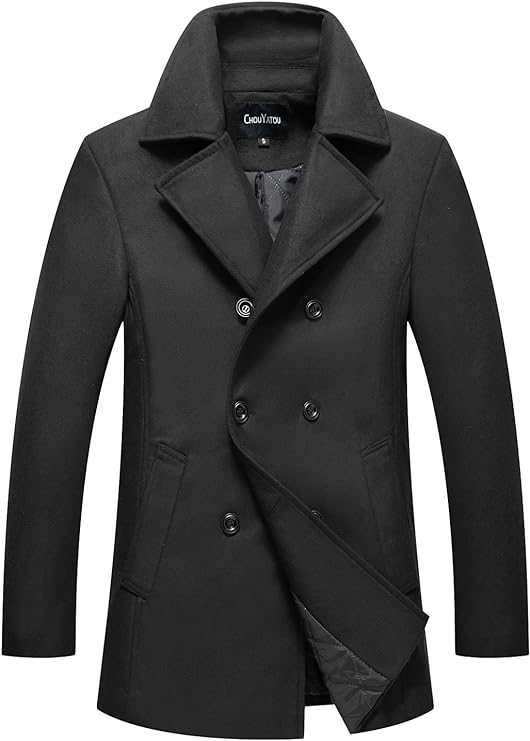 chouyatou Men's Classic Notched Collar Double Breasted Wool Blend Pea Coat