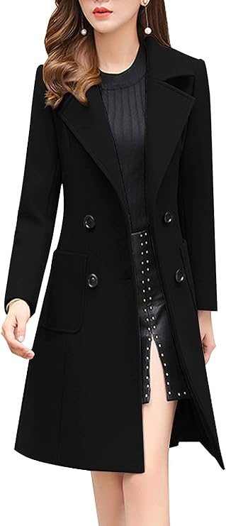 chouyatou Women Elegant Notched Collar Double Breasted Wool Blend Over Coat