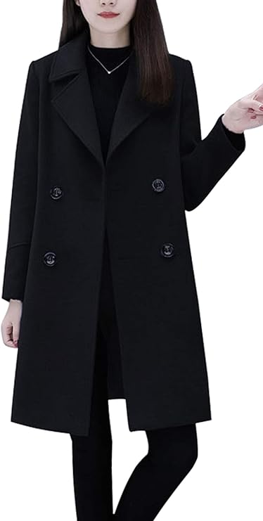 chouyatou Women's Basic Essential Double Breasted Mid-Long Wool Blend Pea Coat