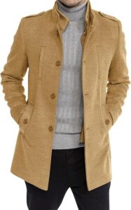 Karlywindow Mens Trench Coat Long Sleeve Stand Collar Single Breasted Pea Coat