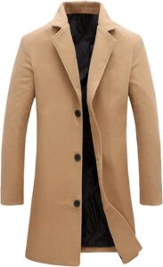 Tanming Mens Black Trench Coat Notched Lapel Single Breasted Long Peacoat Overcoat