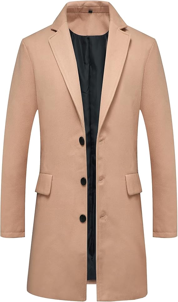Lisskolo Mens Classic Wool Trench Overcoat Single Breasted Mid Long Wool Blend Top Pea Coats Jackets