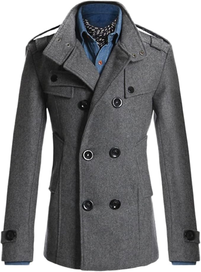 Lu s Chic Men's Long Sleeve Tops Double Breasted Slim Fit Pea Coat Jacket Fashion Outerwear