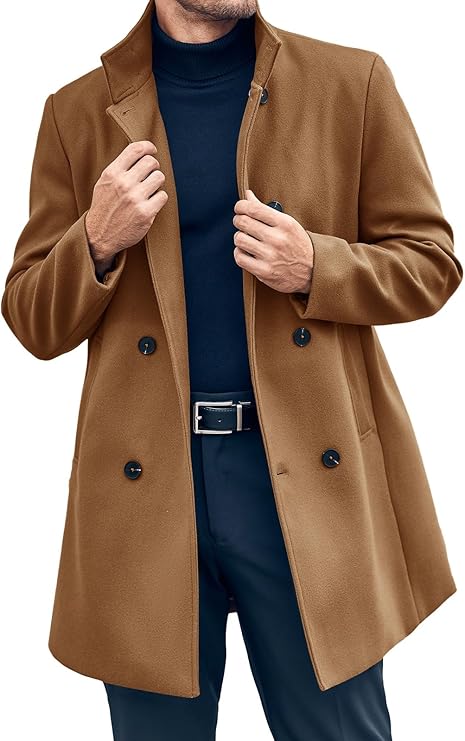 Runcati Mens Mid Long Trench Coat Winter Double Breasted Pea Coat Casual Business Warm Overcoat