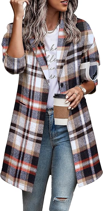 Zeagoo Women 2023 Plaid Jacket Mid Length Trench Coat Fall Wool Pea Coat with Pockets