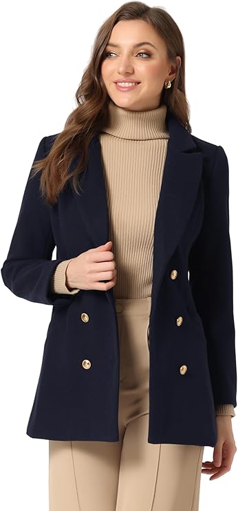 Allegra K Women's Winter Coat Belted Outerwear Casual Work Notch Collar Double Breasted Peacoat
