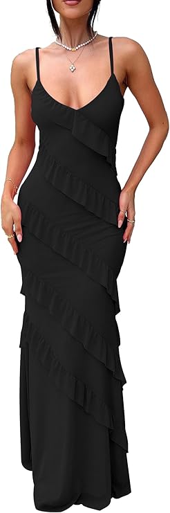 HOCILLE Women's Sexy V Neck Backless Bodycon Spaghetti Strap Elegant Ruffle Maxi