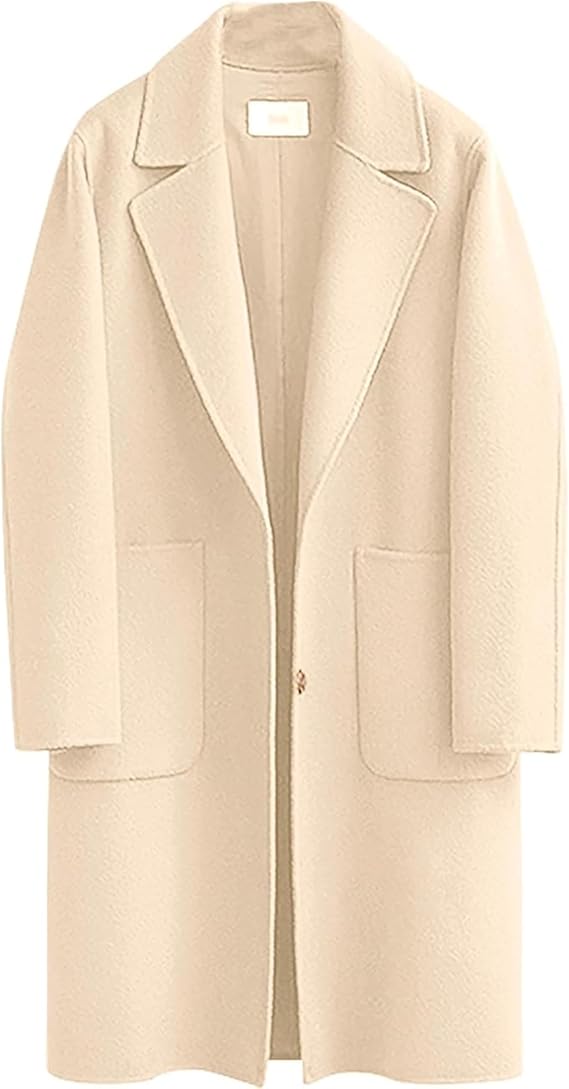 Omoone Women's Notched Lapel Wool Coats Mid Long Button Pea Coats Warm Thicken Trench Jacket