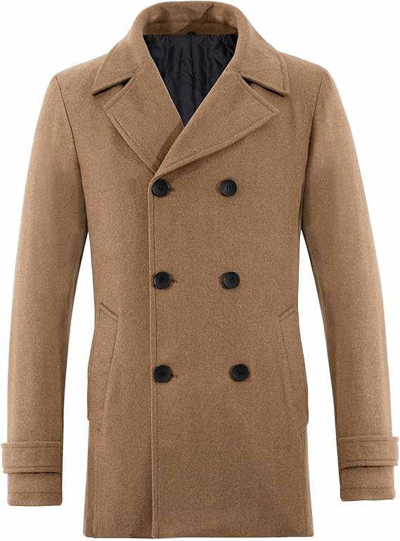 ThCreasa Mens Classic Double Breasted Pea Coat Wool Blend Quilted Lined Notched Collar Overcoat Trench Coat