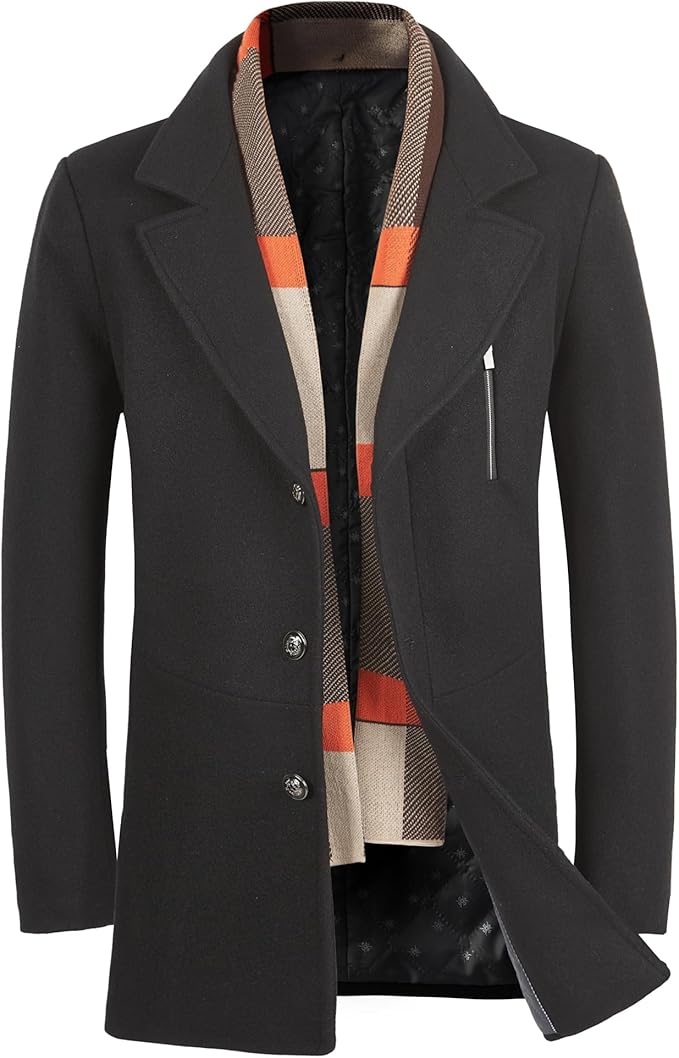 WULFUL Mens Wool Blend Winter Coat Slim Fit Short Trenchcoat Warm Business Jacket with Detachable Soft Wool Scarf