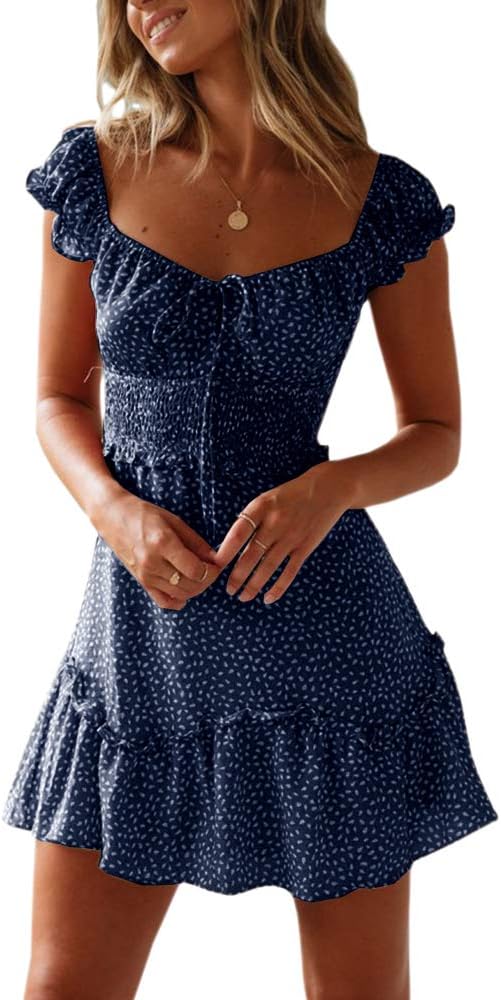 YOBECHO Womens Summer Ruffle Sleeve Sweetheart Neckline Printing Dress Mini Dresses
